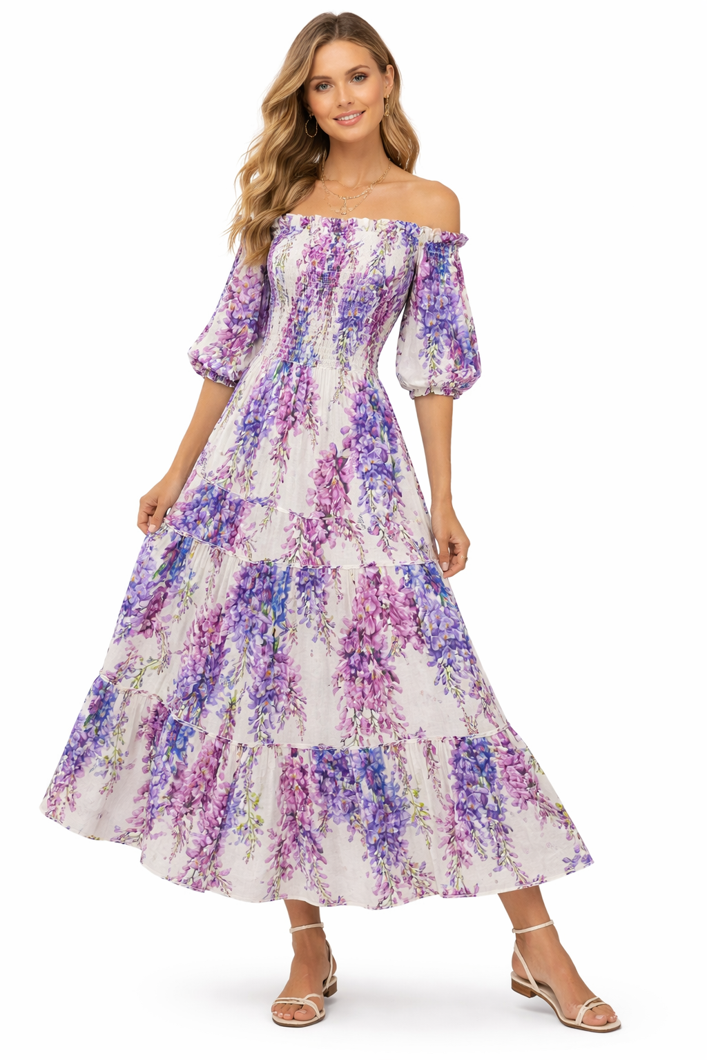 Zoe long linen wisteria print dress