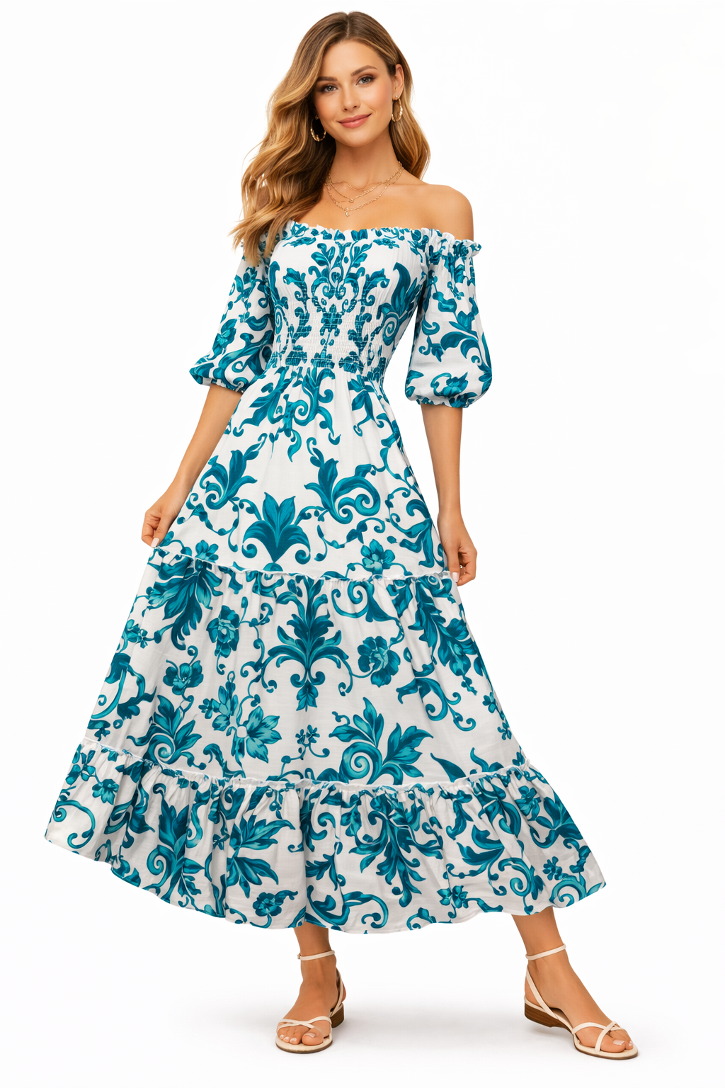 Zoe long linen dress with green branch print