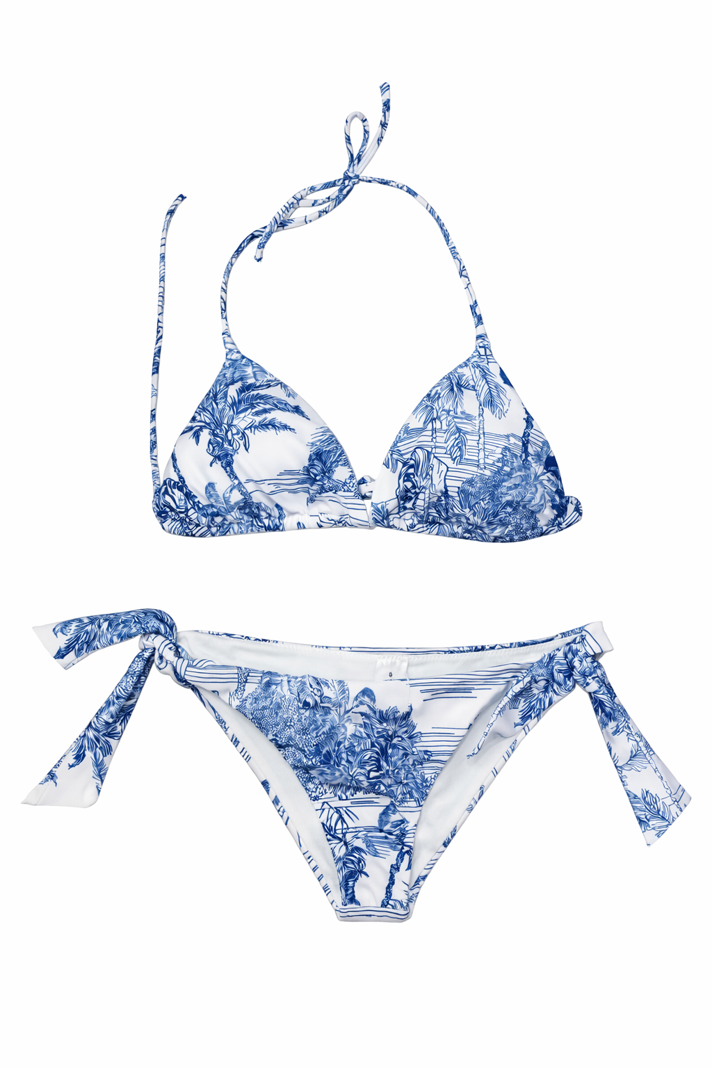Triangel-Bikini aus Lycra mit blauem Toile-de-Jouy-Druck