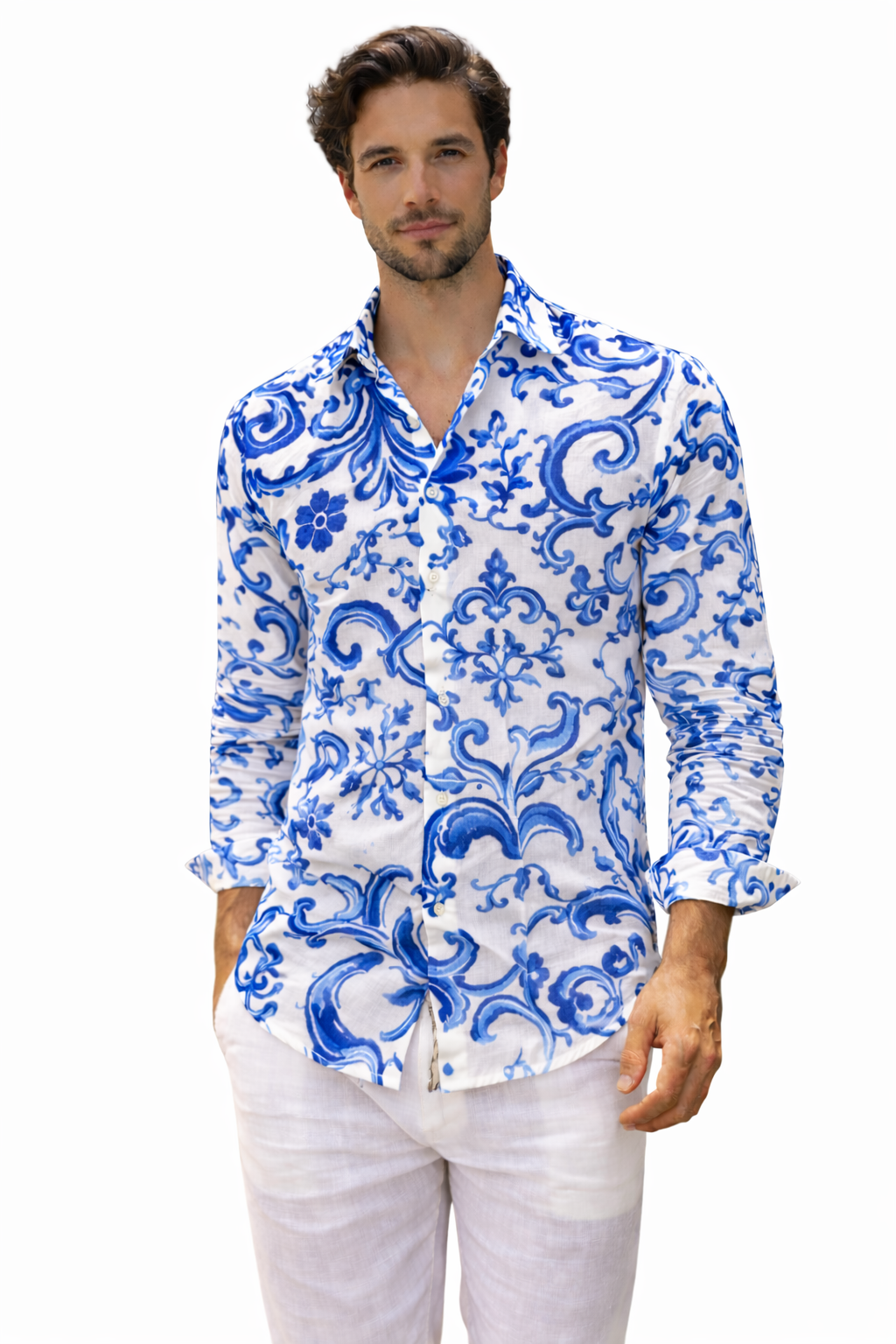 Chemise homme en lin imprimé Ravello bleu
