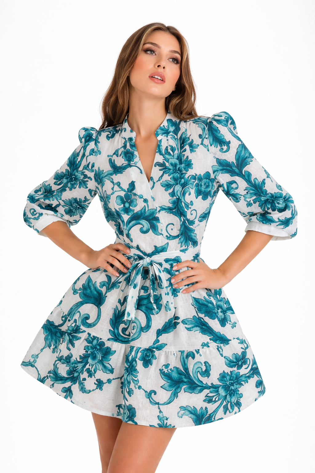 Short Monaco dress in green Branch print linen