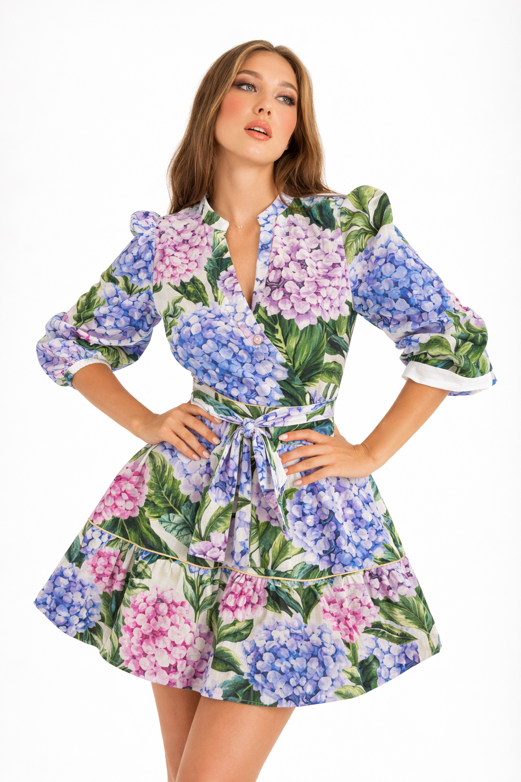 Monaco short linen dress with Hydrangea print
