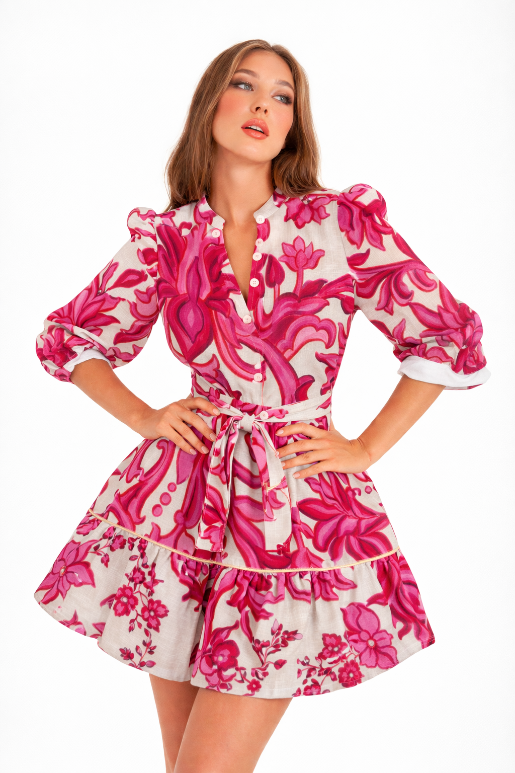 Monaco short linen dress with pink painting print