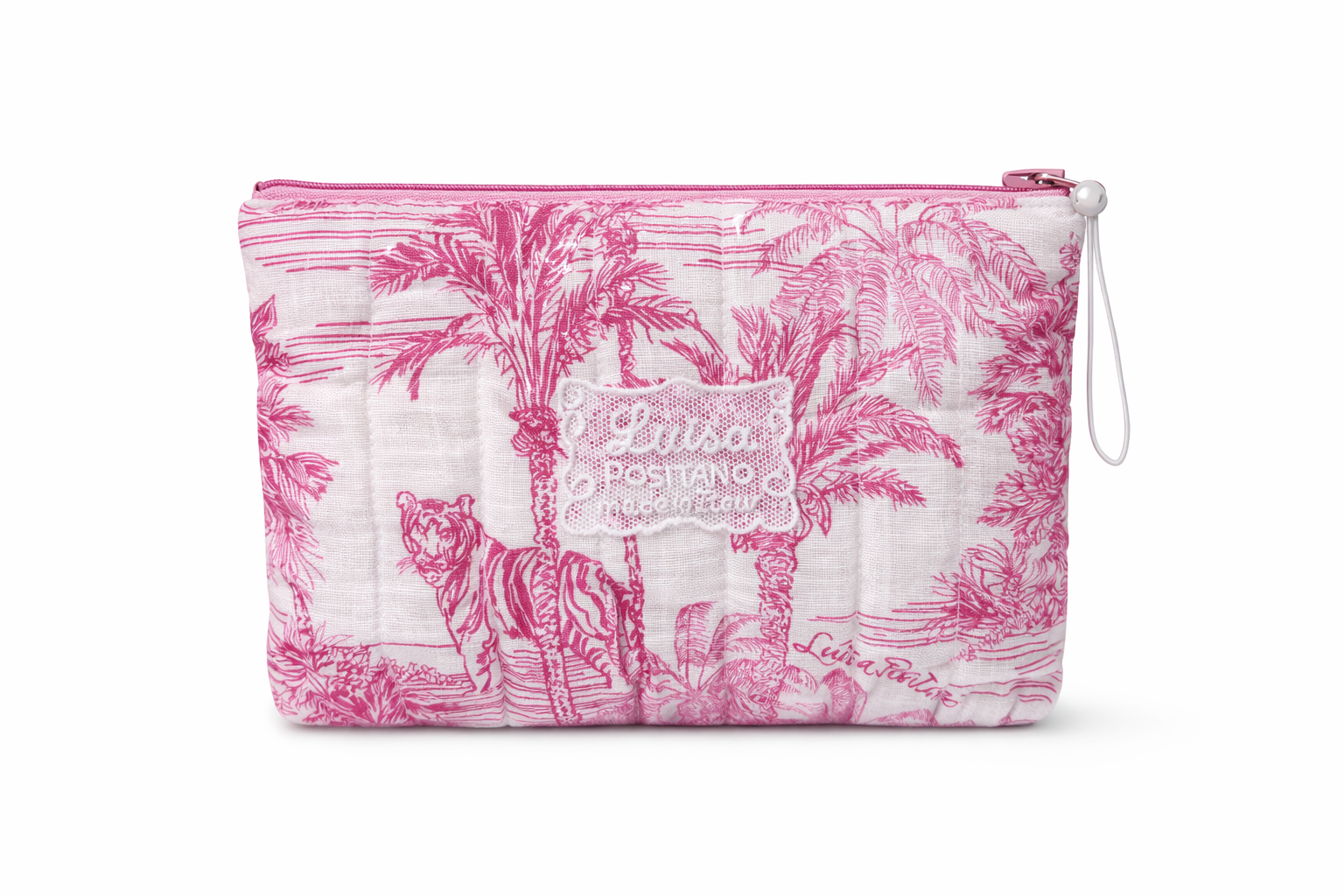 Pochette in lino imbottita con zip e tasca interna stampa adoro rosa