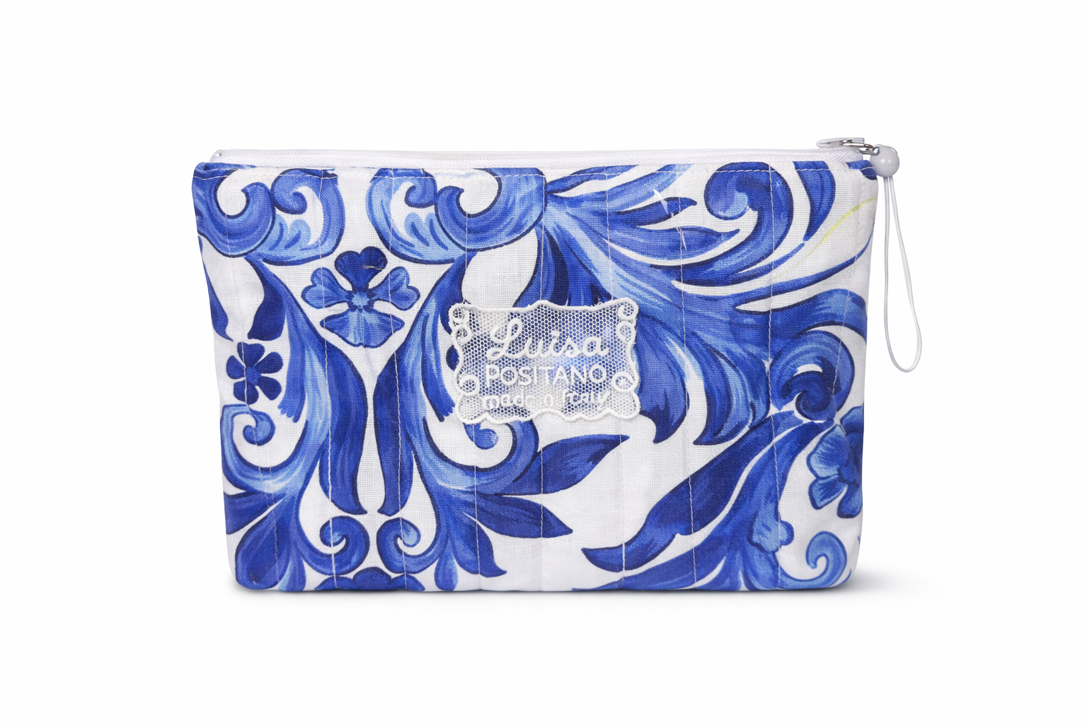 Pochette in lino imbottita con zip e tasca interna stampa ramo blu