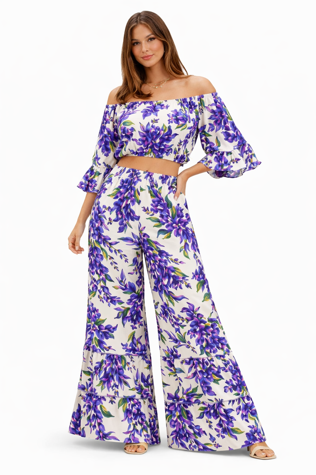 Coordinato Oman in lino stampa glicine viola