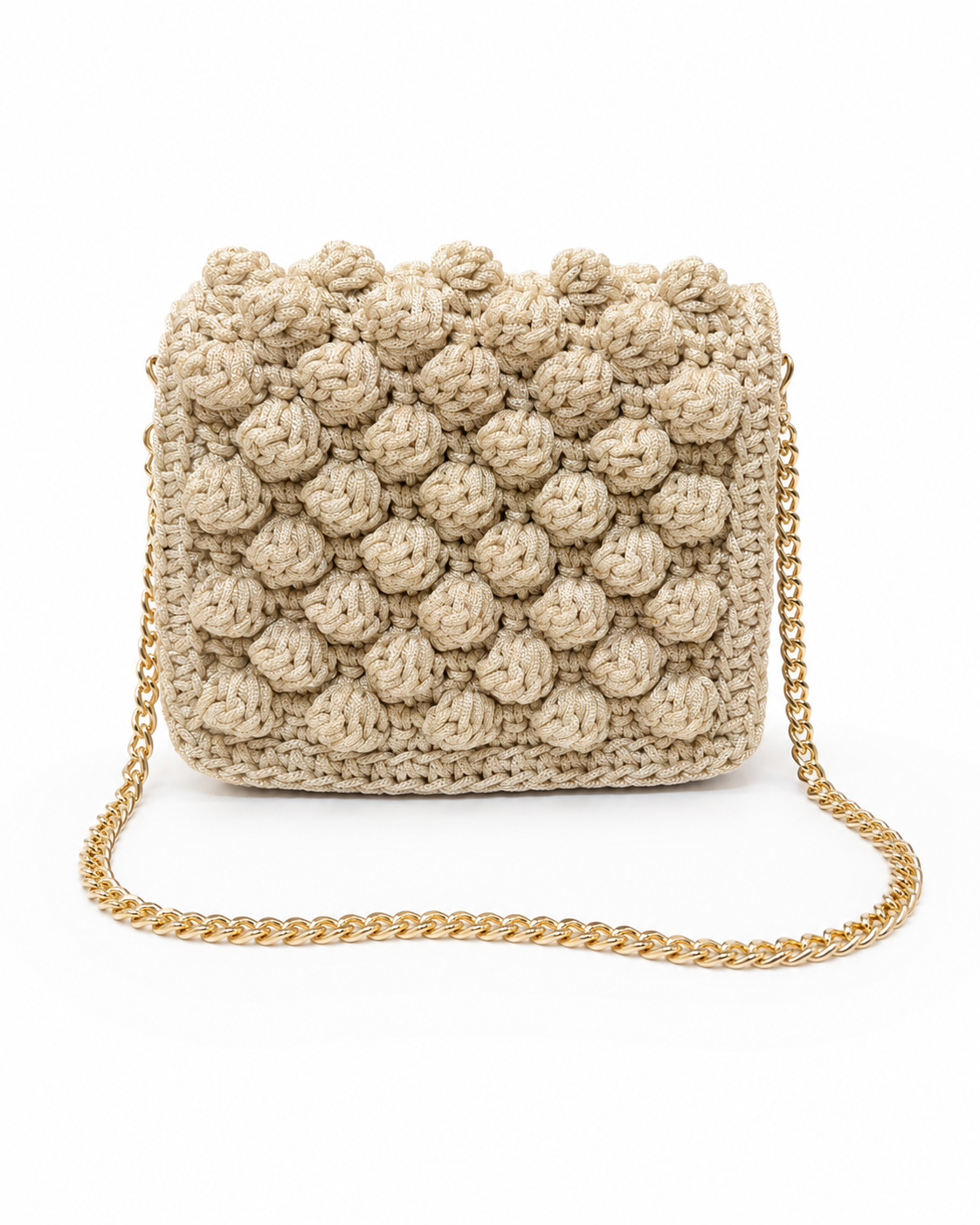 Borsa uncinetto fatta a mano con catena a tracolla e fodera colore beige e oro