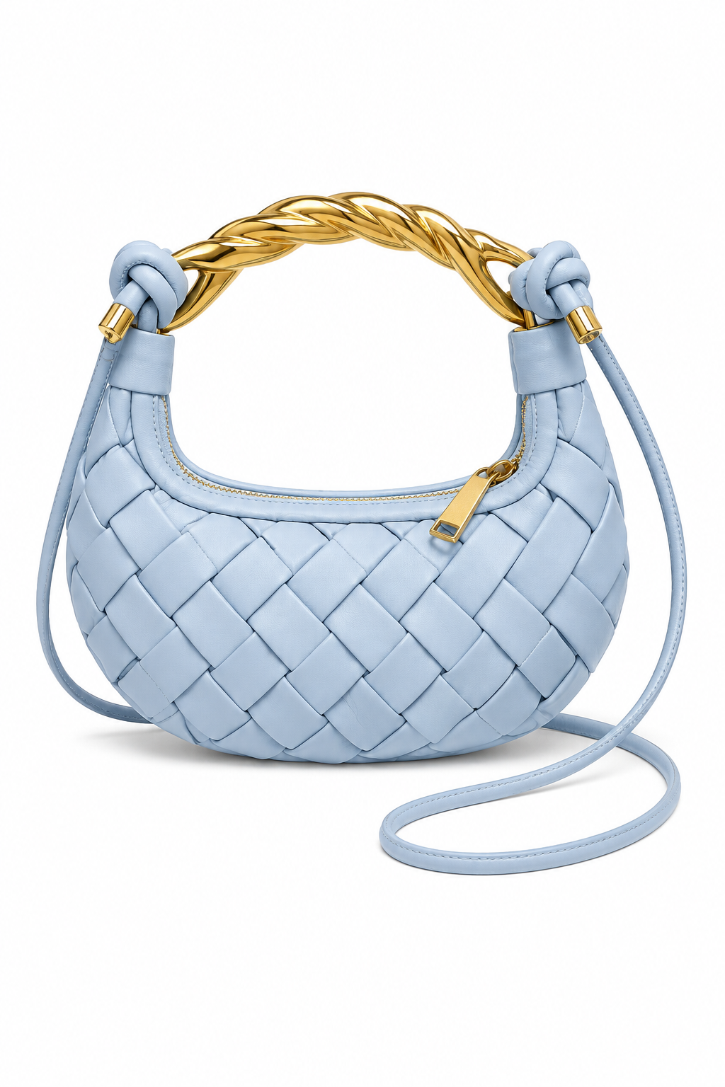 Borsa pelle intrecciata azzurro manico oro e tracolla con zip