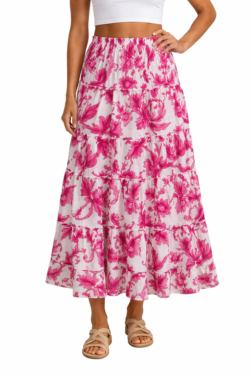 Hedy linen skirt with pink branch print