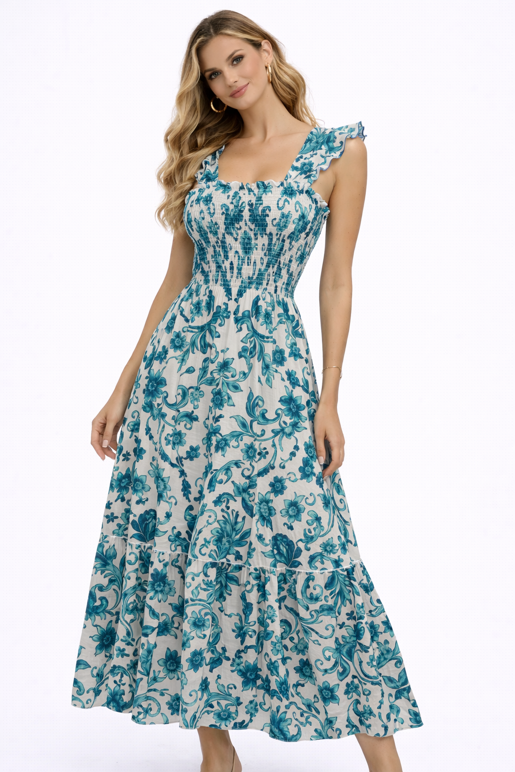 Langes Tori-Leinenkleid mit Trägern und grünem Astmuster