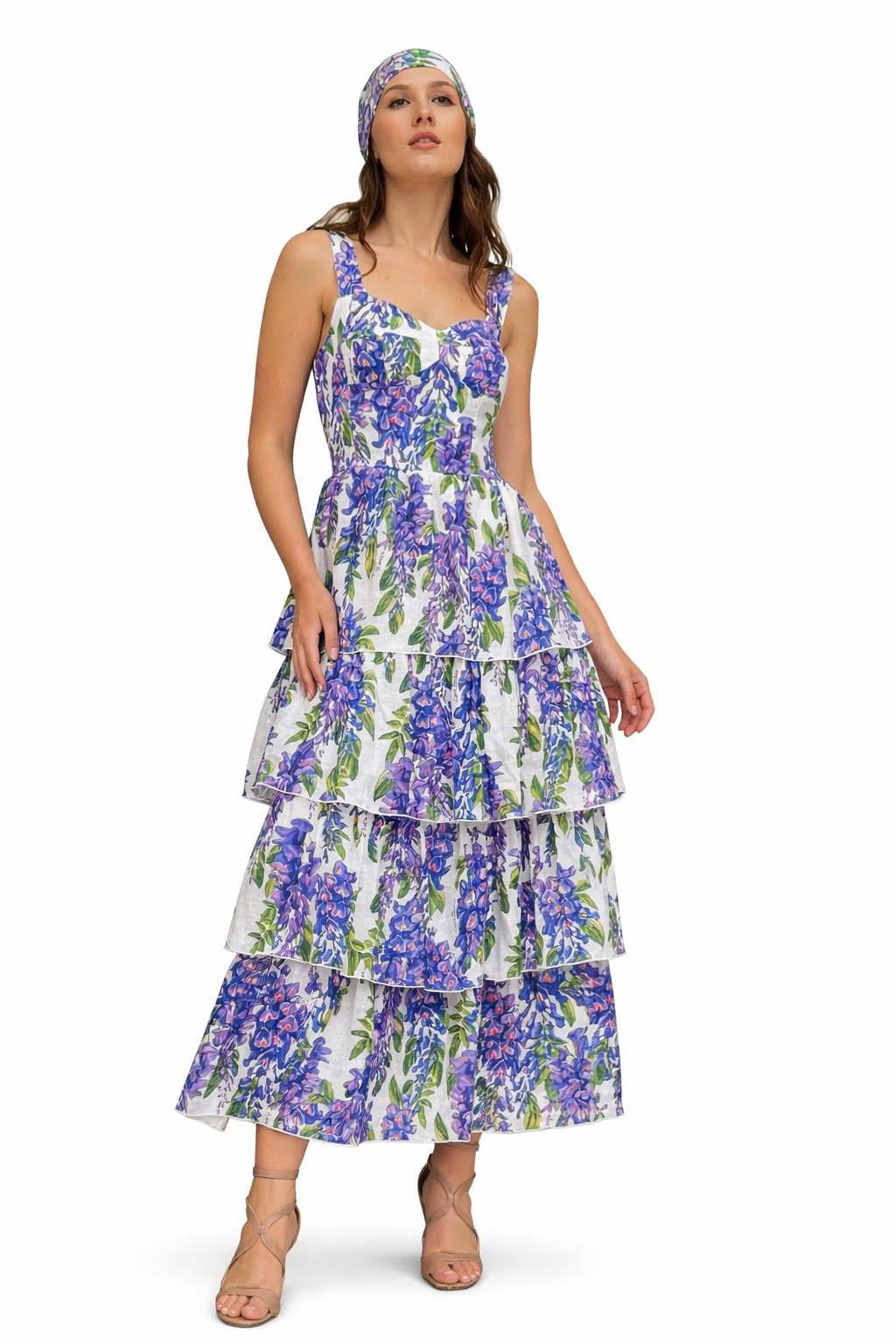 Latoya Leinenkleid mit lila Glyzinien-Print