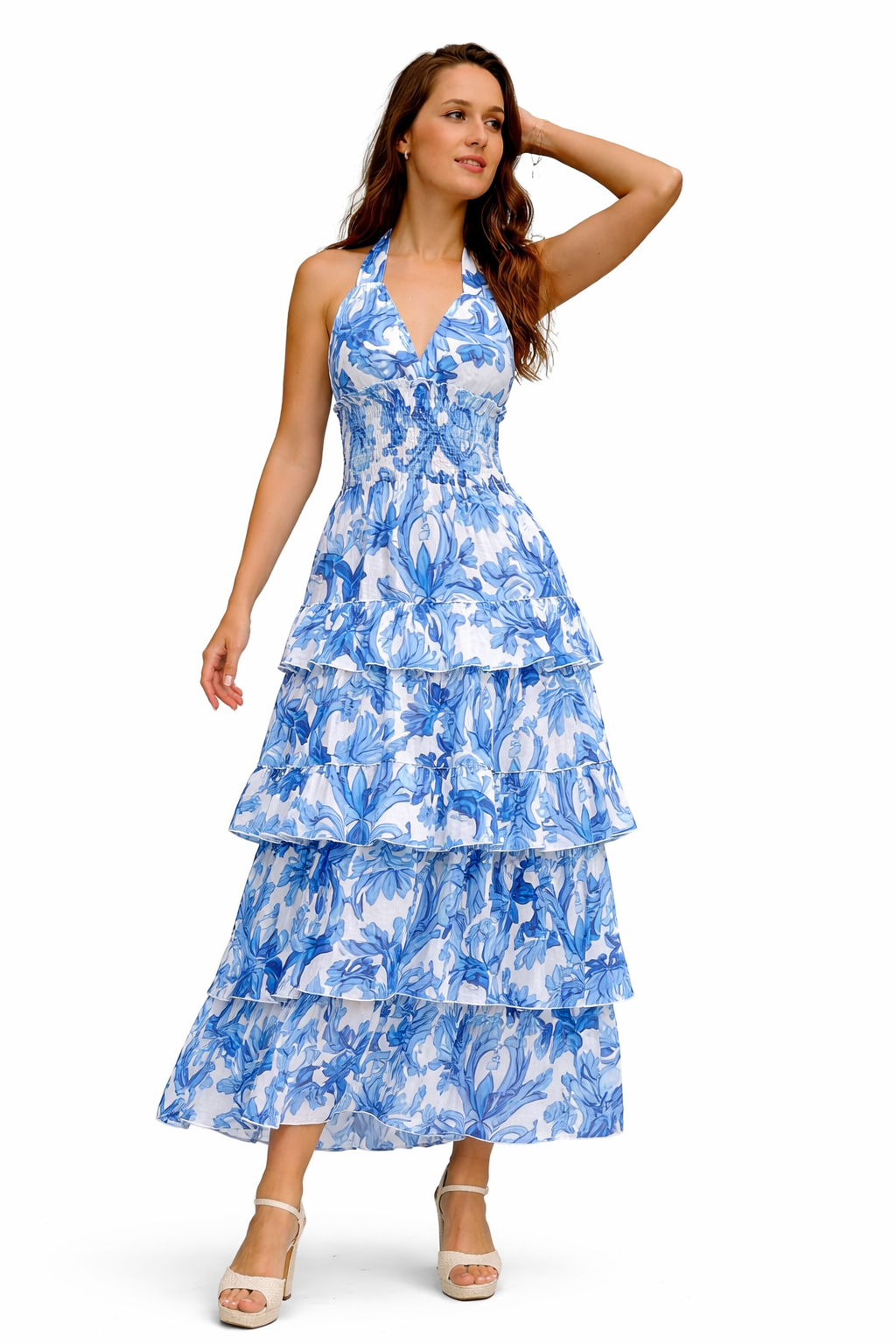 Robe Avocat en lin imprimé peinture bleue