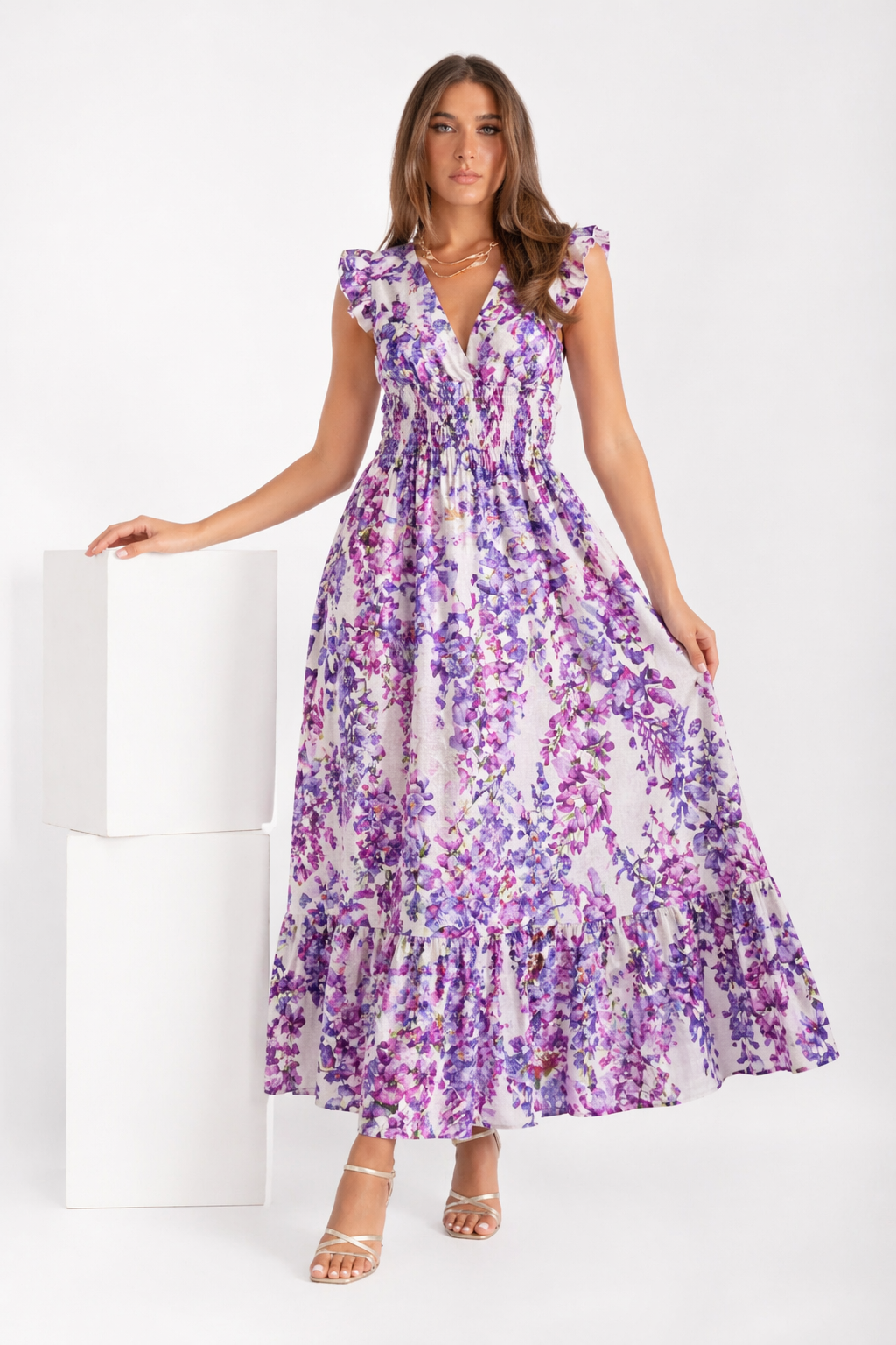 Langes Tucano-Kleid aus Leinen mit Glyzinien-Print