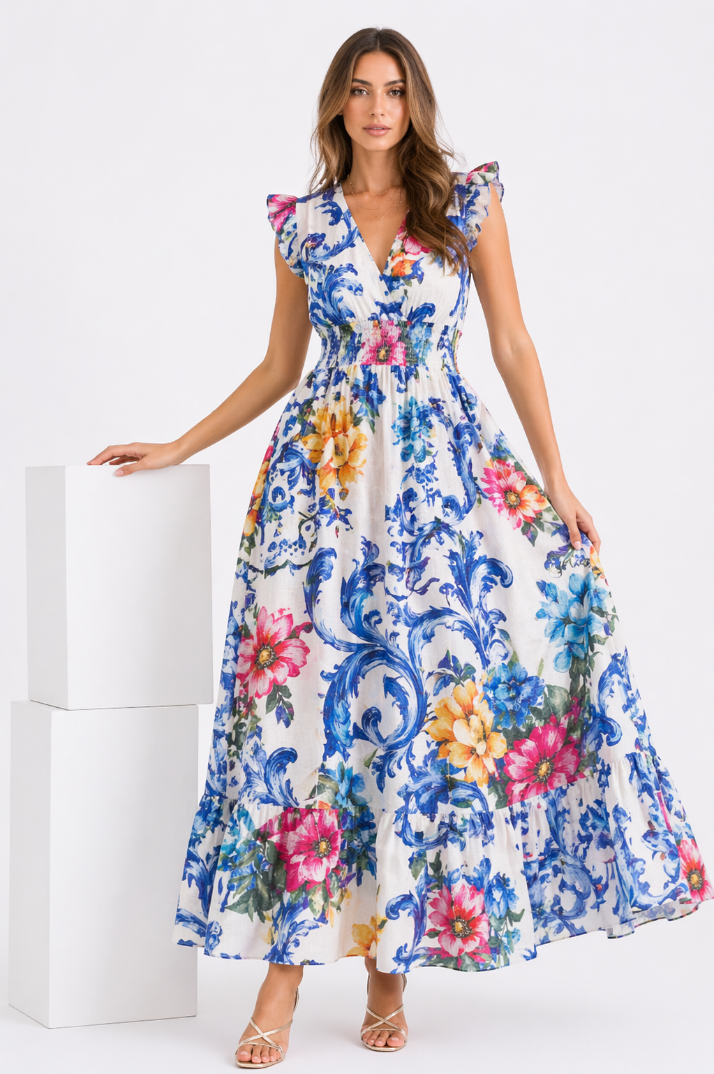 Langes Leinenkleid mit Tukandruck von Arte