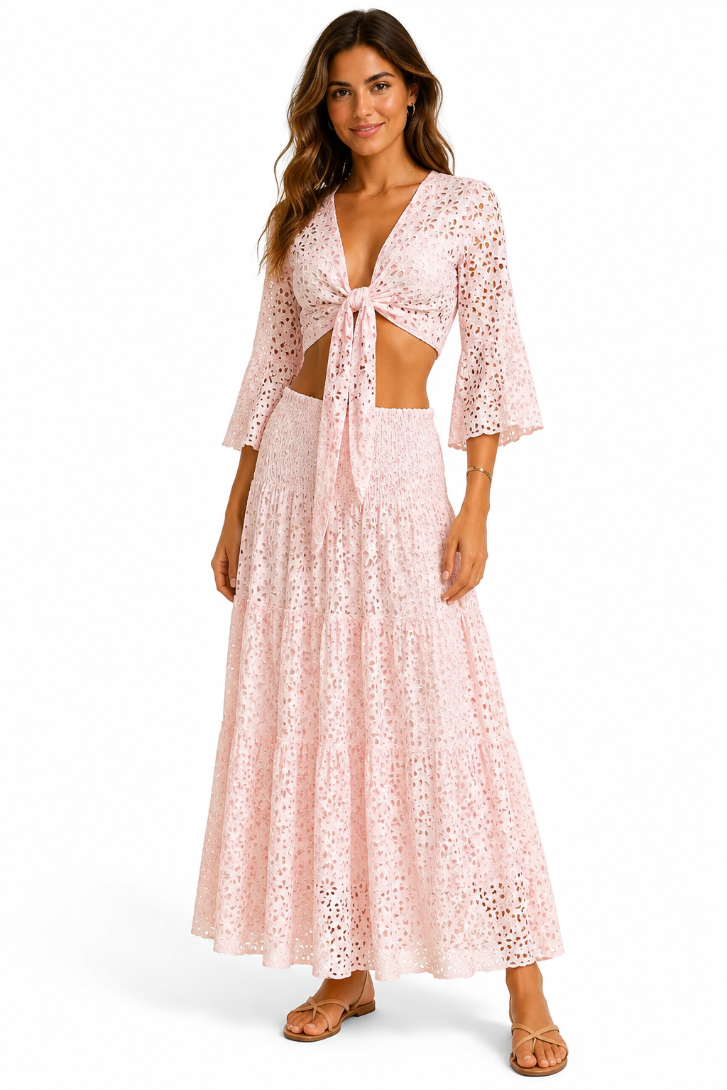 Coordinato in lino top Orione e gonna hedy in cotone sangallo rosa one size S