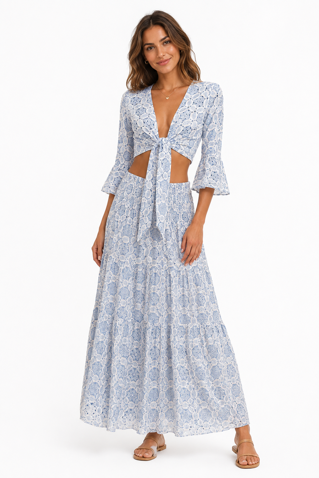 Coordinato in lino top Orione e gonna hedy in cotone sangallo azzurro one size S