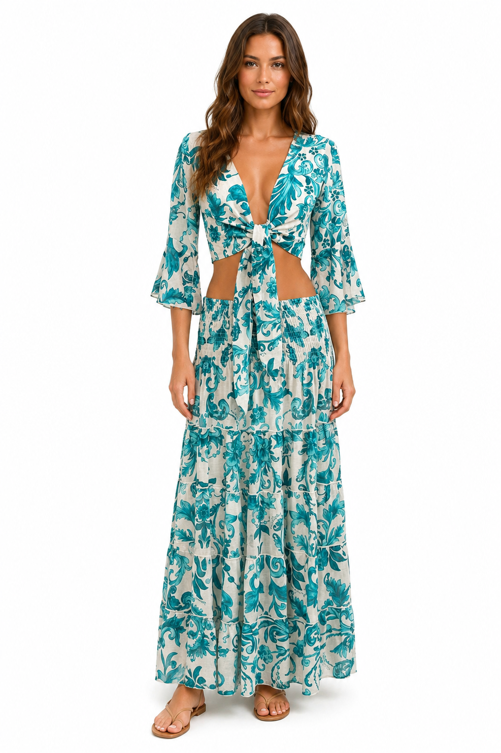 Coordinato in lino top Orione e gonna hedy stampa Ramo verde