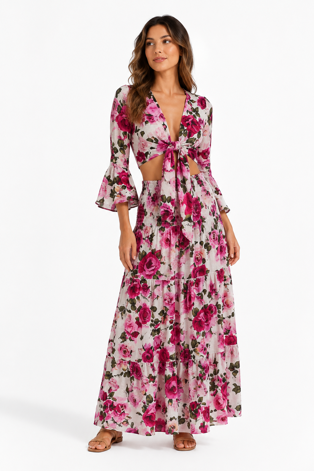 Coordinato in lino top Orione e gonna hedy stampa Rose