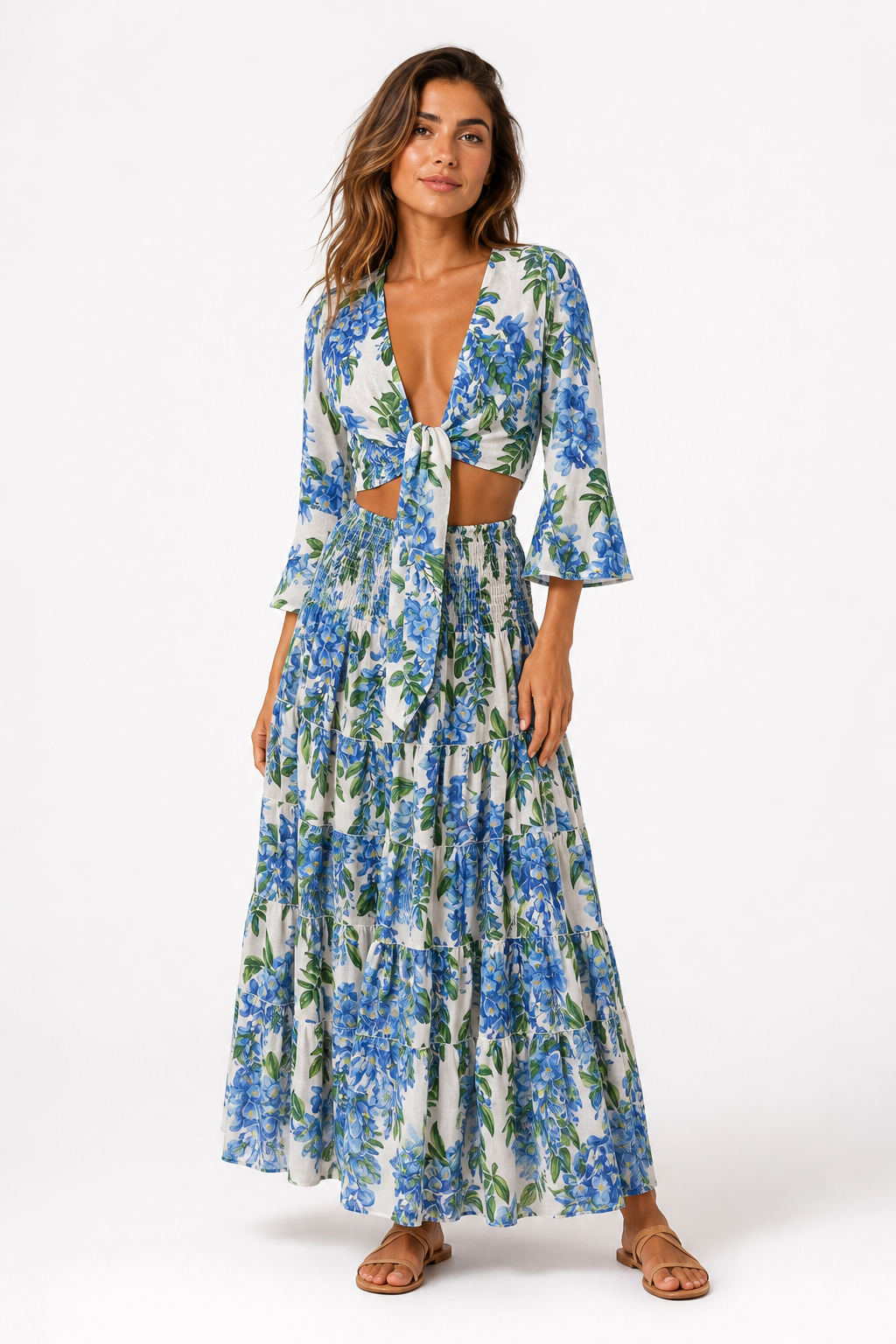Coordinato in lino top Orione e gonna hedy stampa glicine azzurro