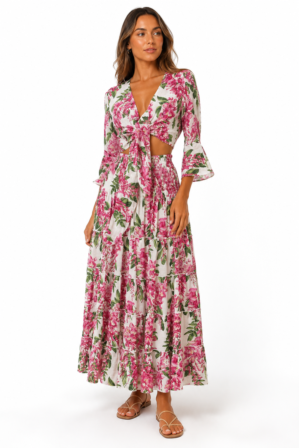 Coordinato in lino top Orione e gonna hedy stampa glicine rosa