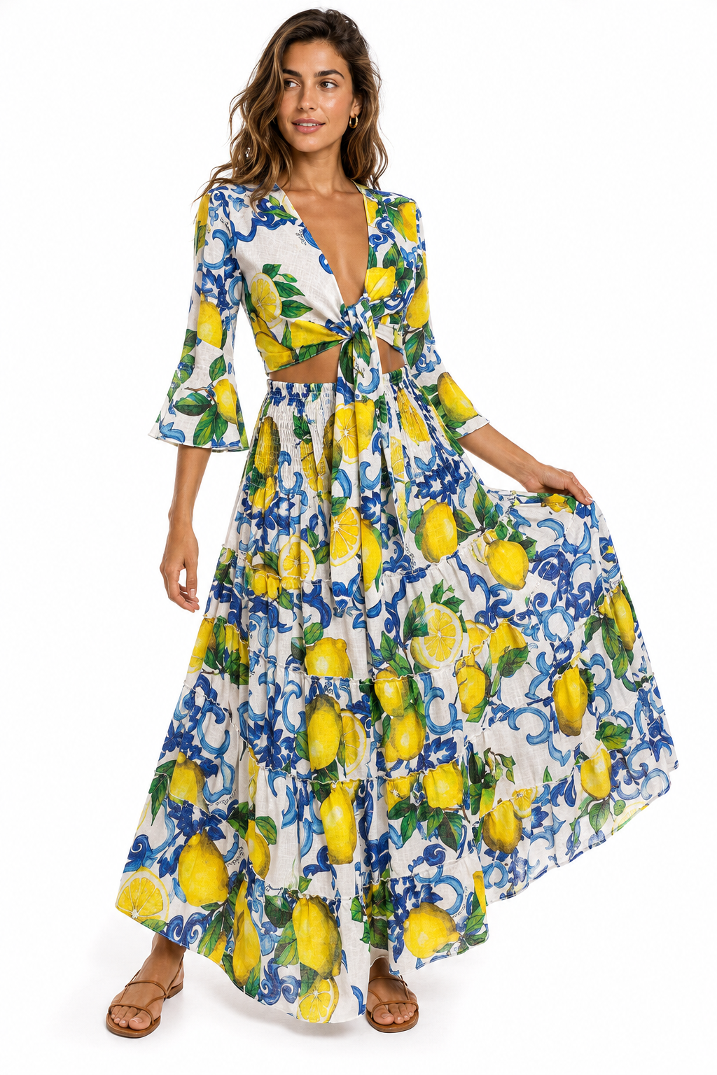 Coordinato in lino top Orione e gonna hedy stampa Lime