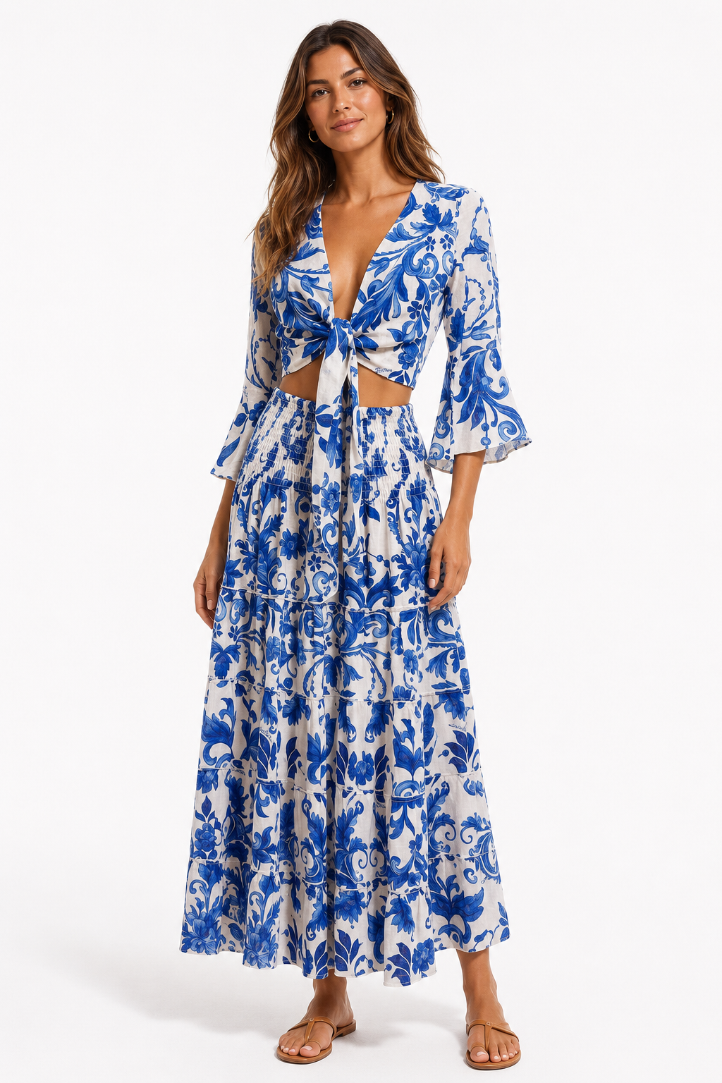 Coordinato in lino top Orione e gonna hedy stampa Ramo blu
