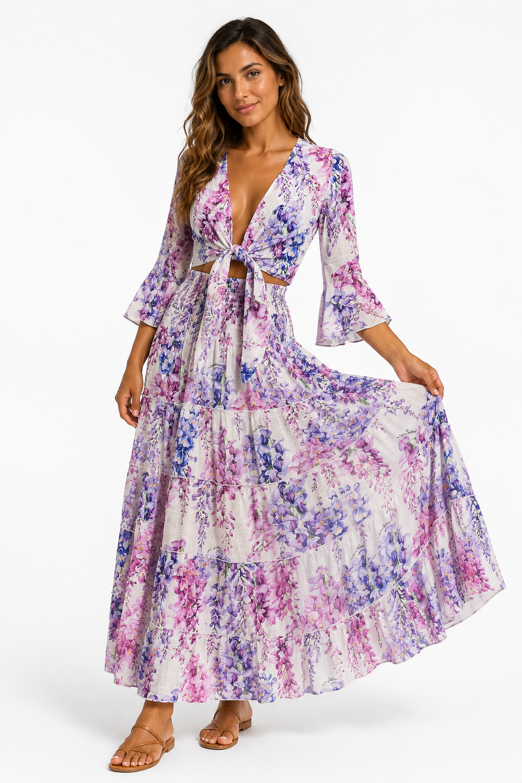 Coordinato in lino top Orione e gonna hedy stampa glicine