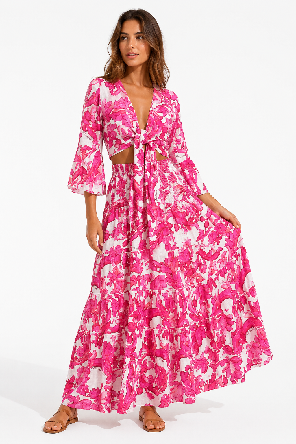 Coordinato in lino top Orione e gonna hedy stampa pittura rosa