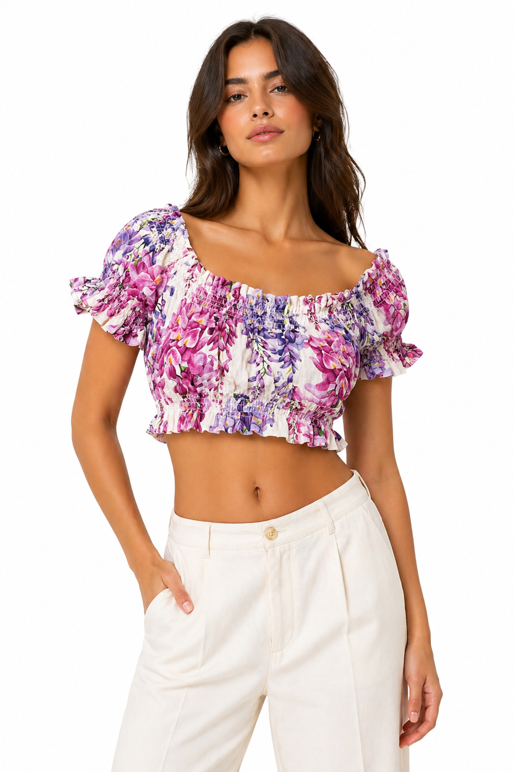 Top aus Leinen mit Glyzinien-Print