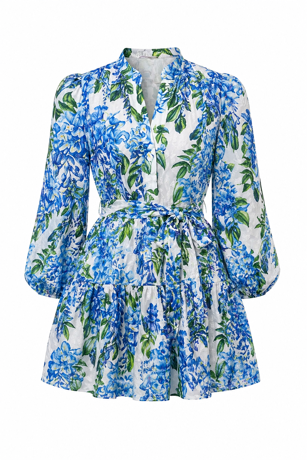 Monaco short linen dress with blue wisteria print