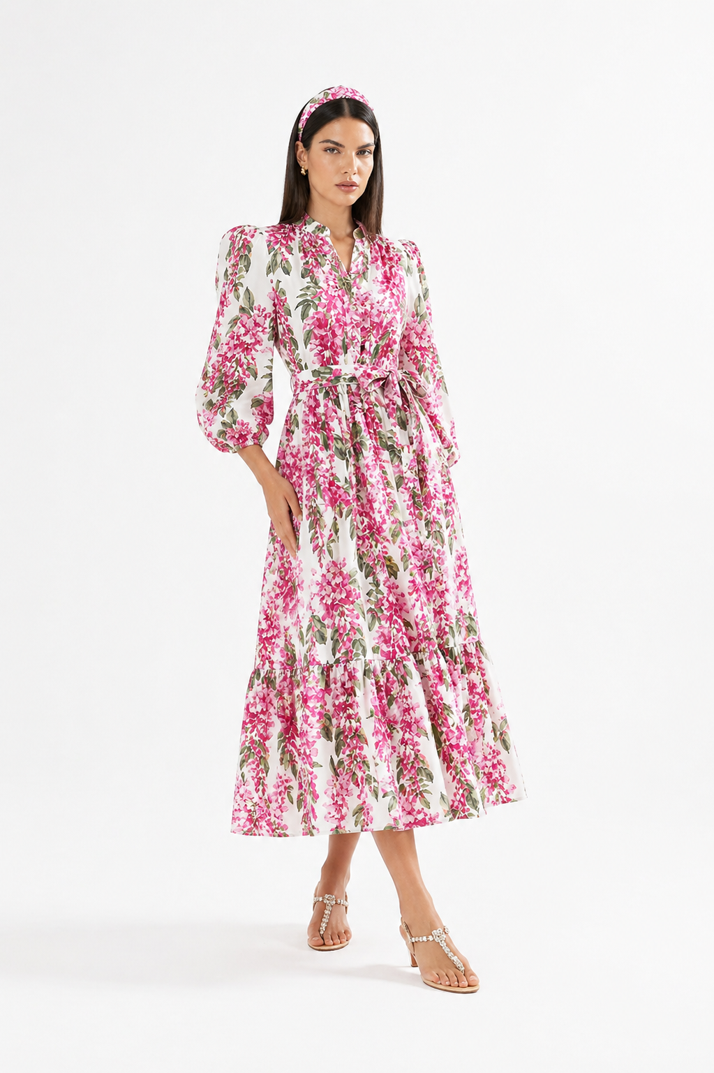 Long Monaco dress in fuchsia wisteria print linen