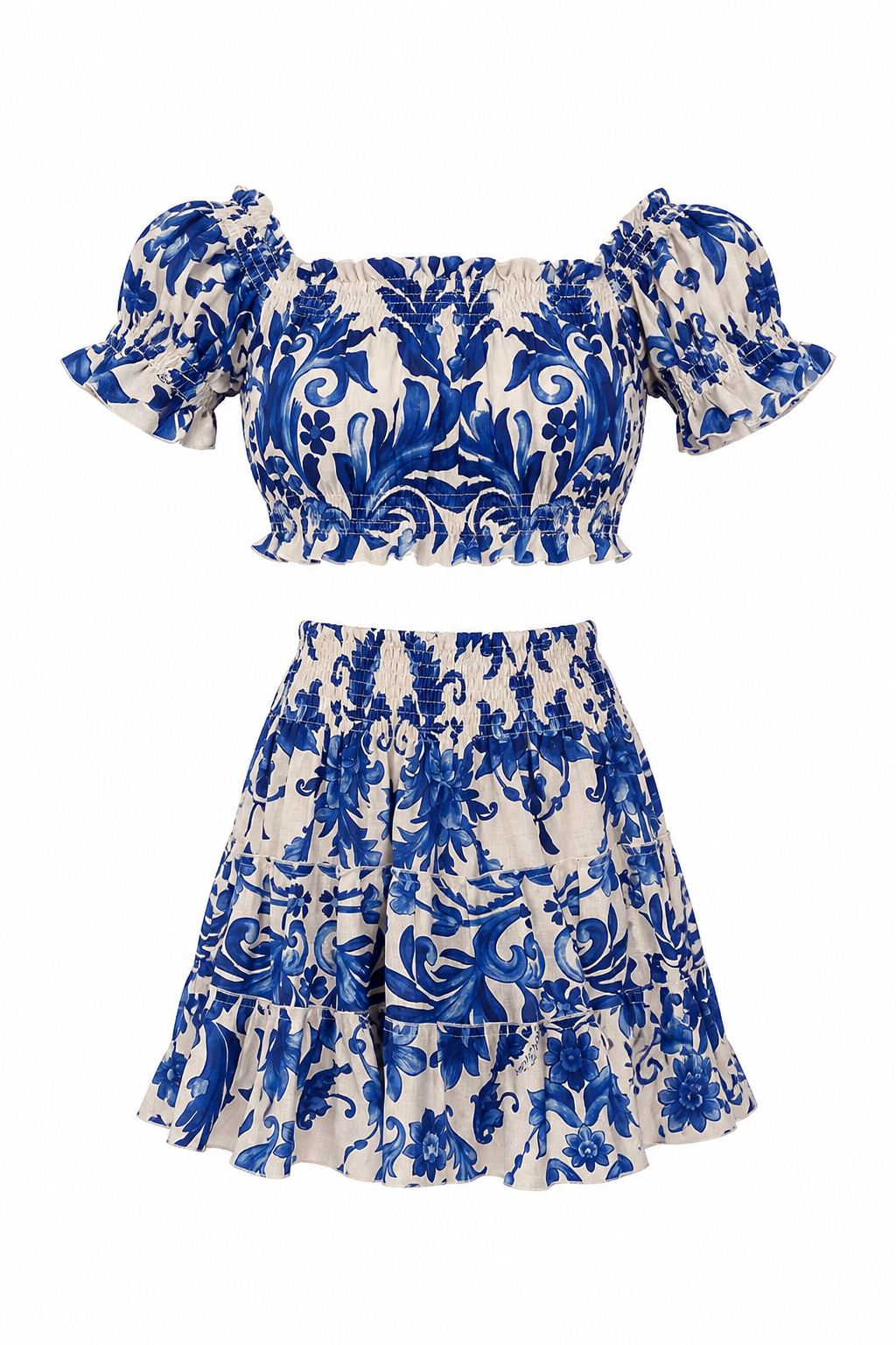 Coordinato top fiocco e gonna Olivia in lino stampa Ramo blu