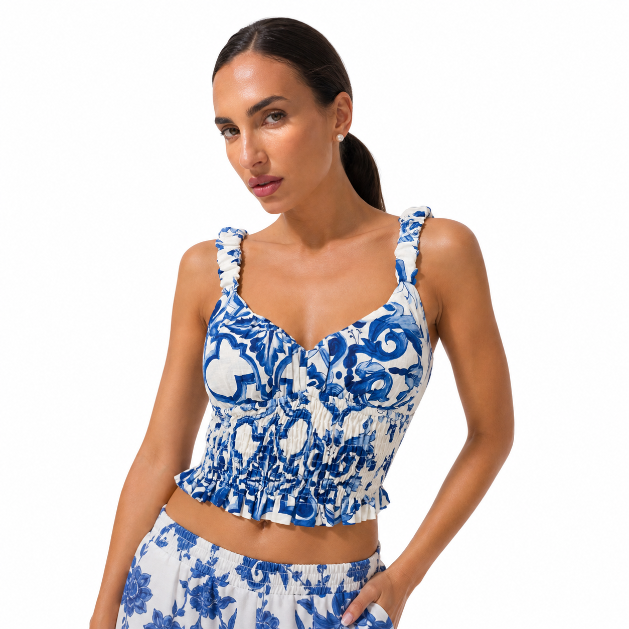 Ravello blue print linen fishing top