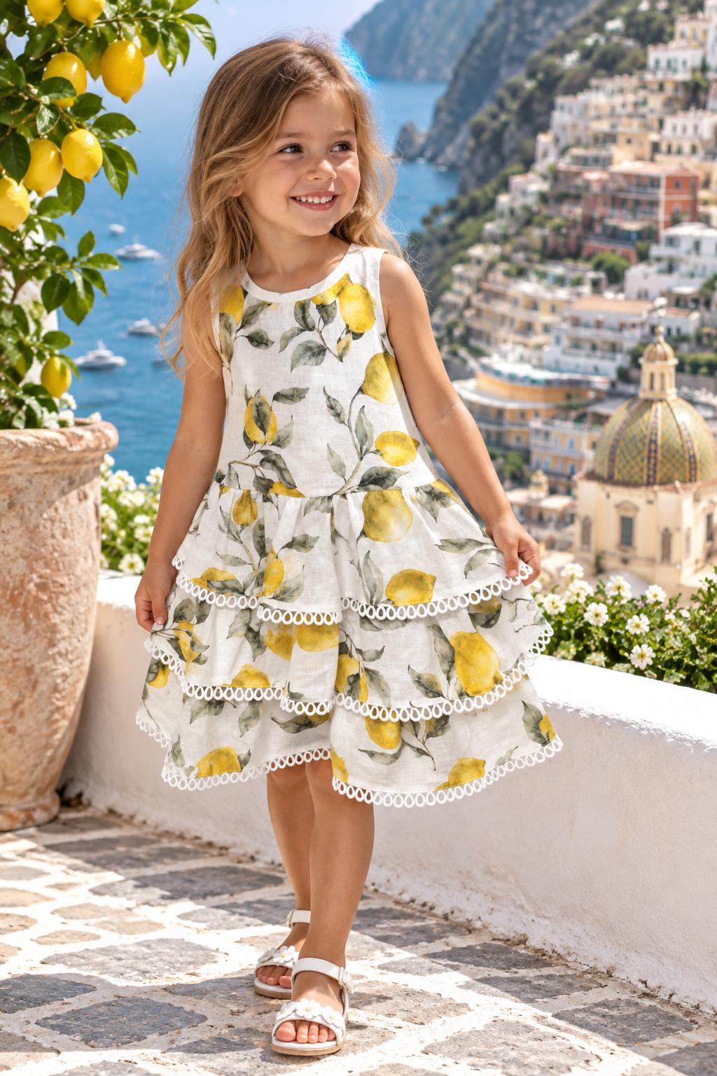 Abito baby Kara in lino con balze e cinturino dietro stampa limone