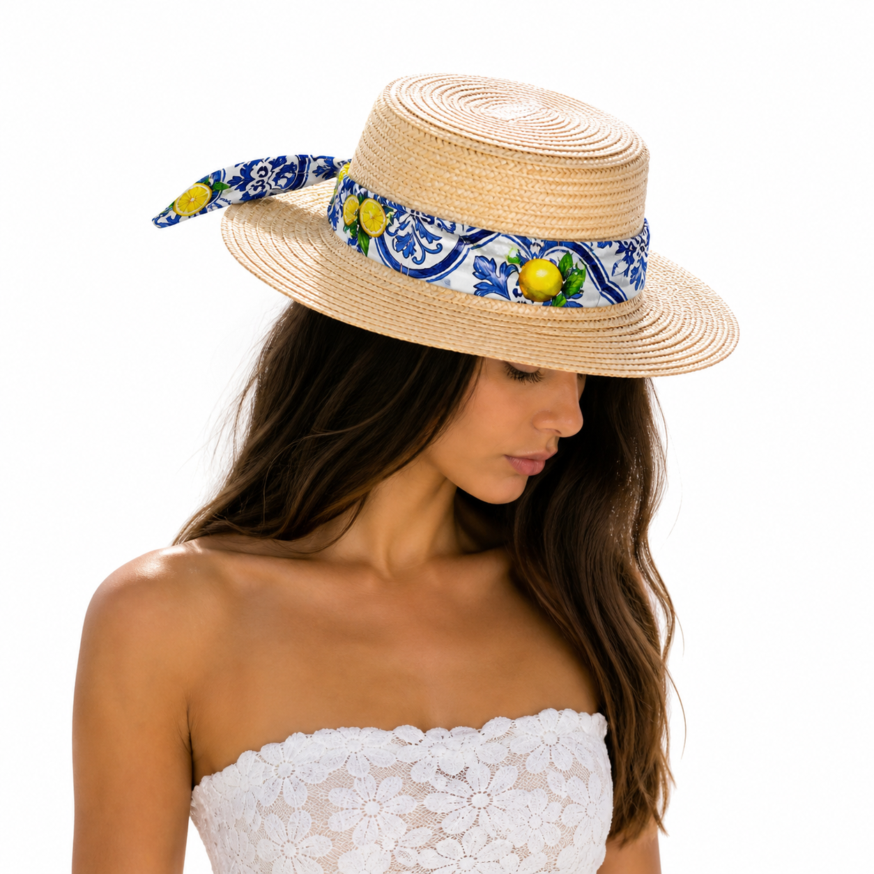 Venetian straw hat with new lemon print linen bandana