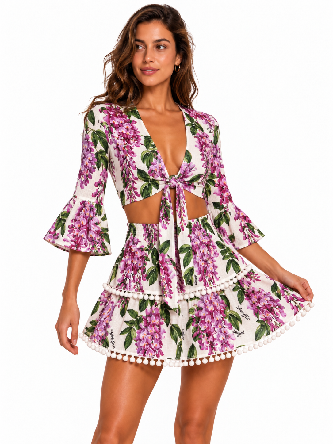 Completo top orione e mini gonna in lino stampa glicine fuxia