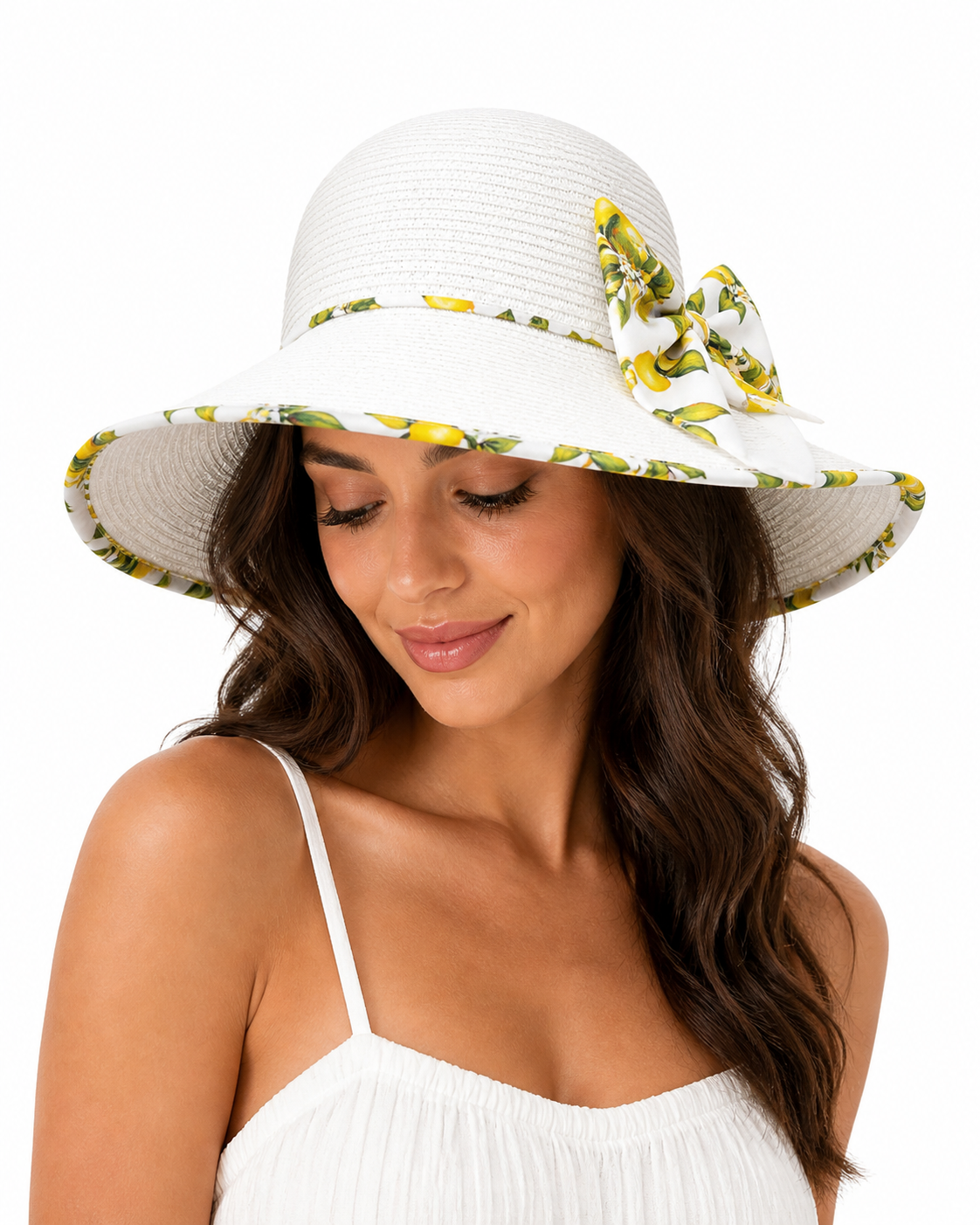 White straw hat with lemon bow
