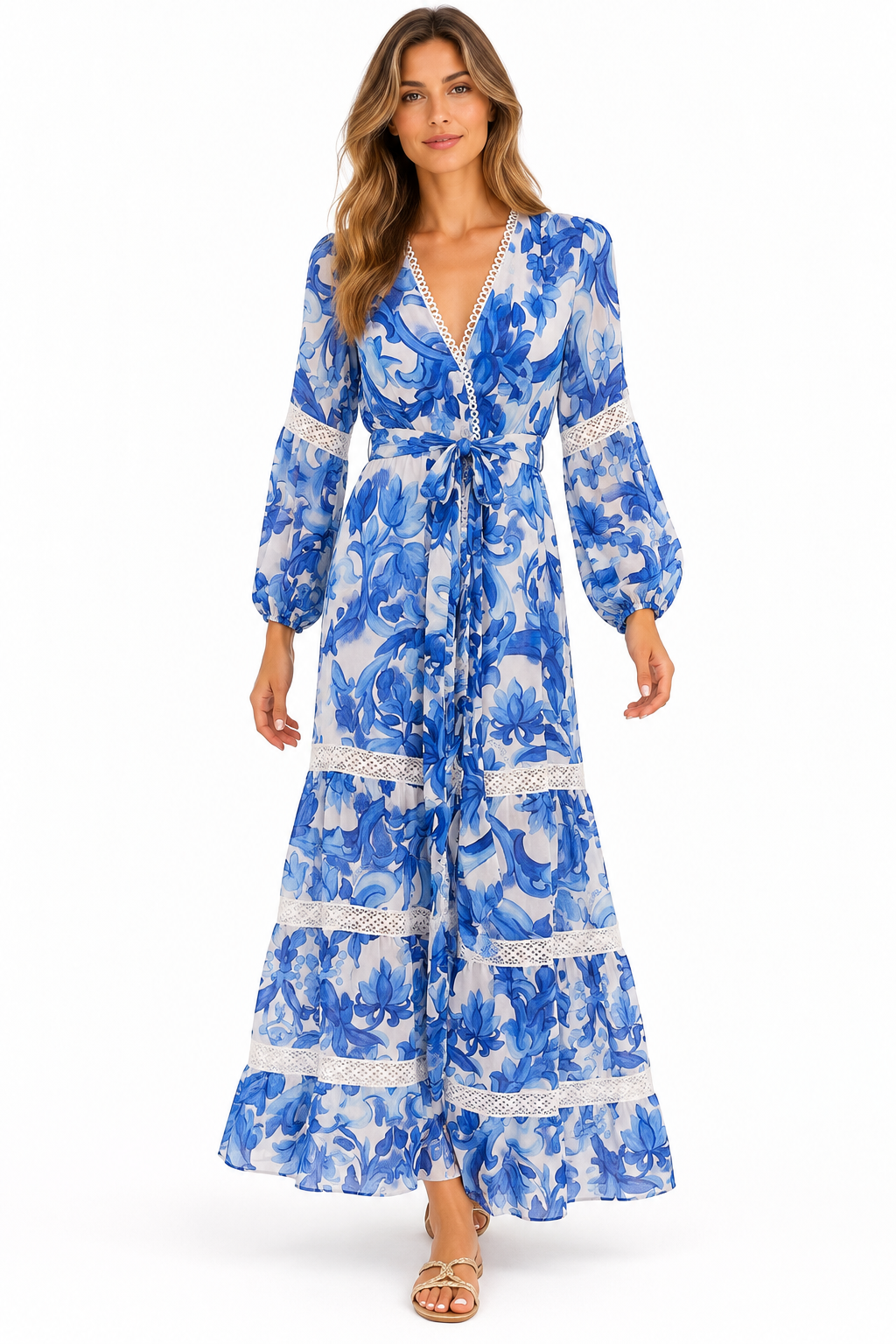 Abito Star lungo in lino stampa Pittura blu
