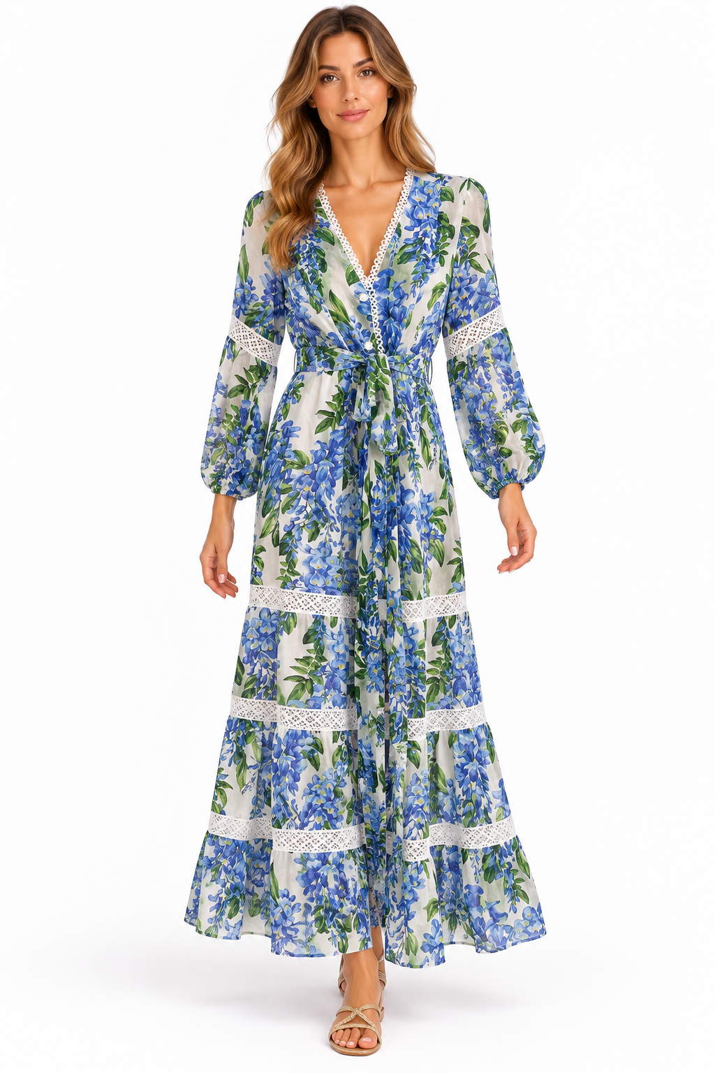 Abito Star lungo in lino stampa glicine blu