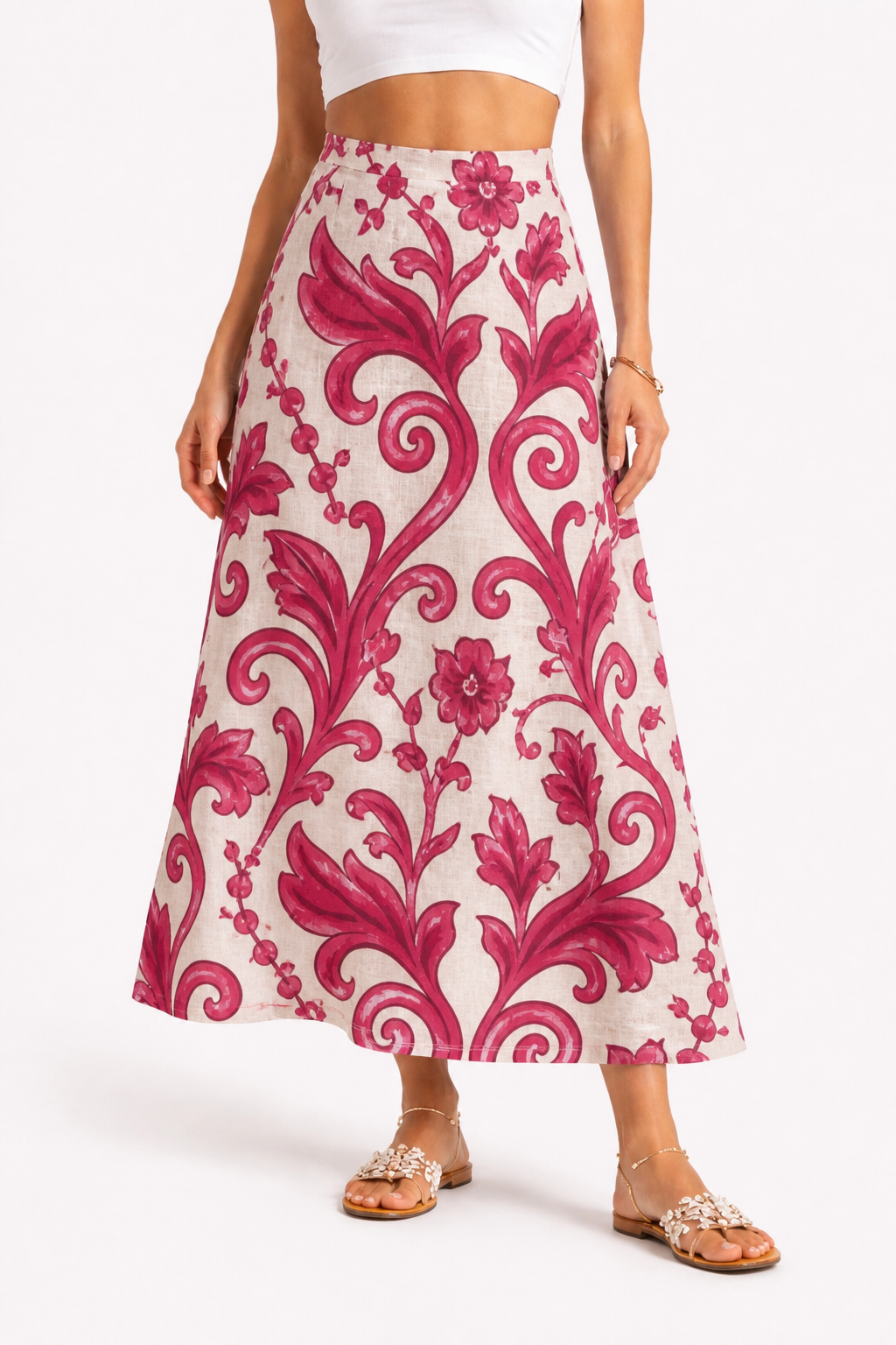 Esmeralda linen skirt with pink Branch print