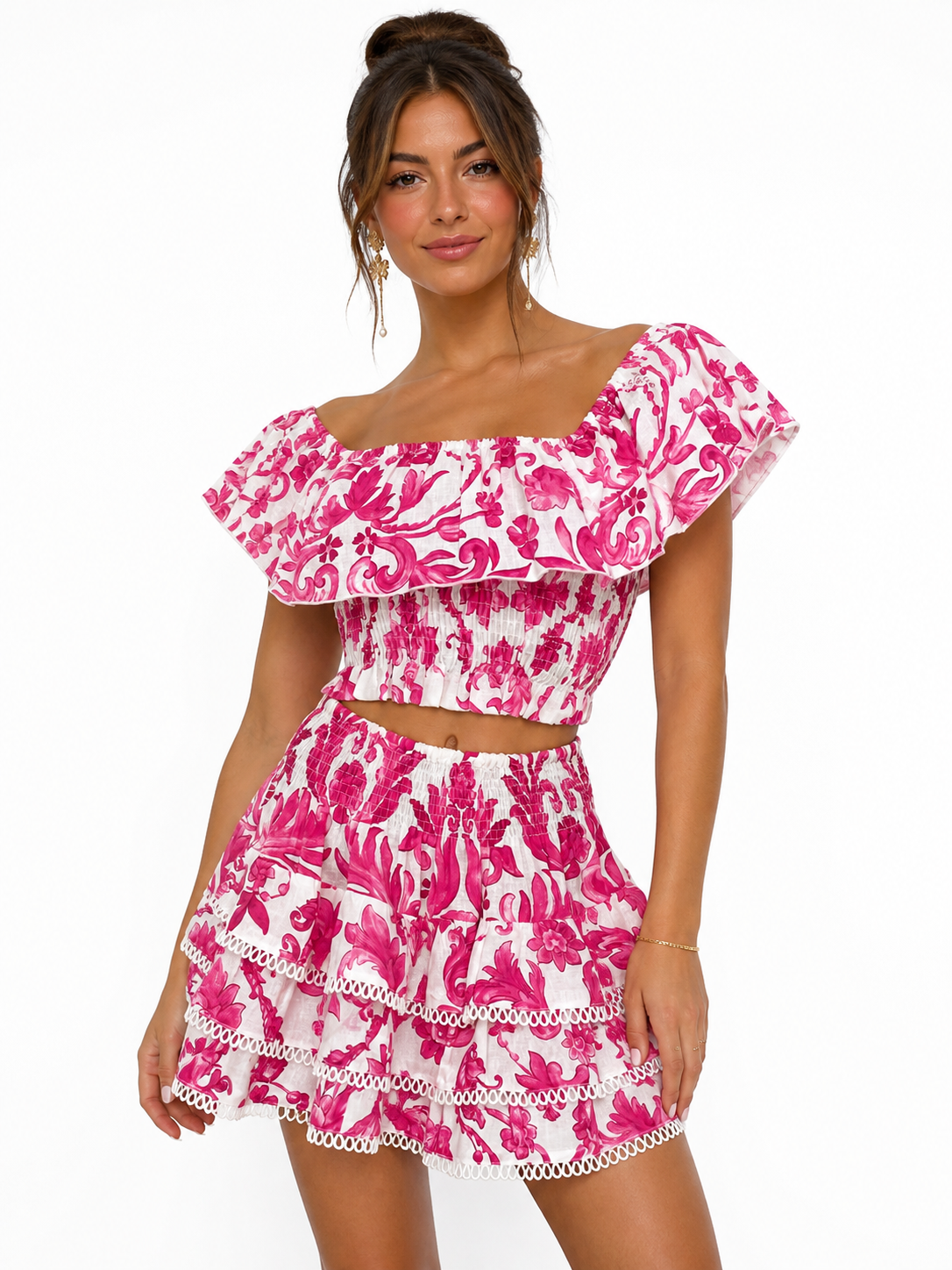 Coordinato top Volant e gonna Love in lino stampa Ramo rosa