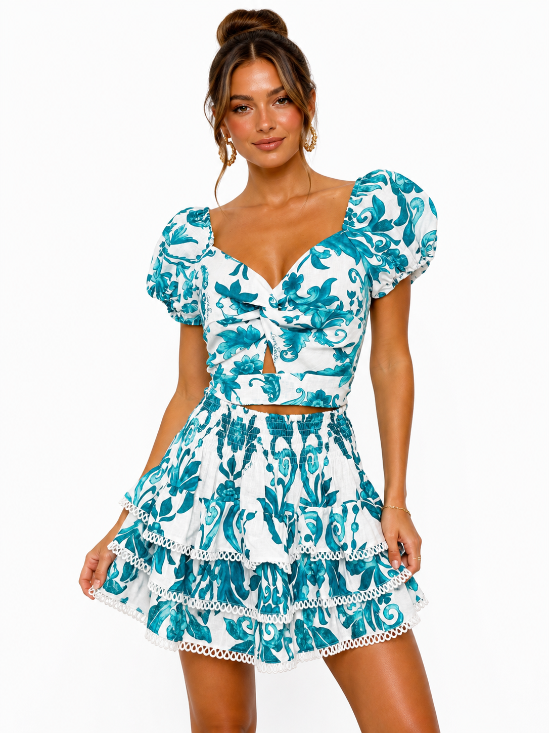 Cyclamen top and Love skirt set in green Ramo print linen
