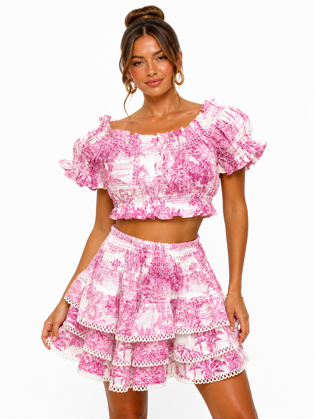 Bow top and Love skirt set in Adoro pink print linen