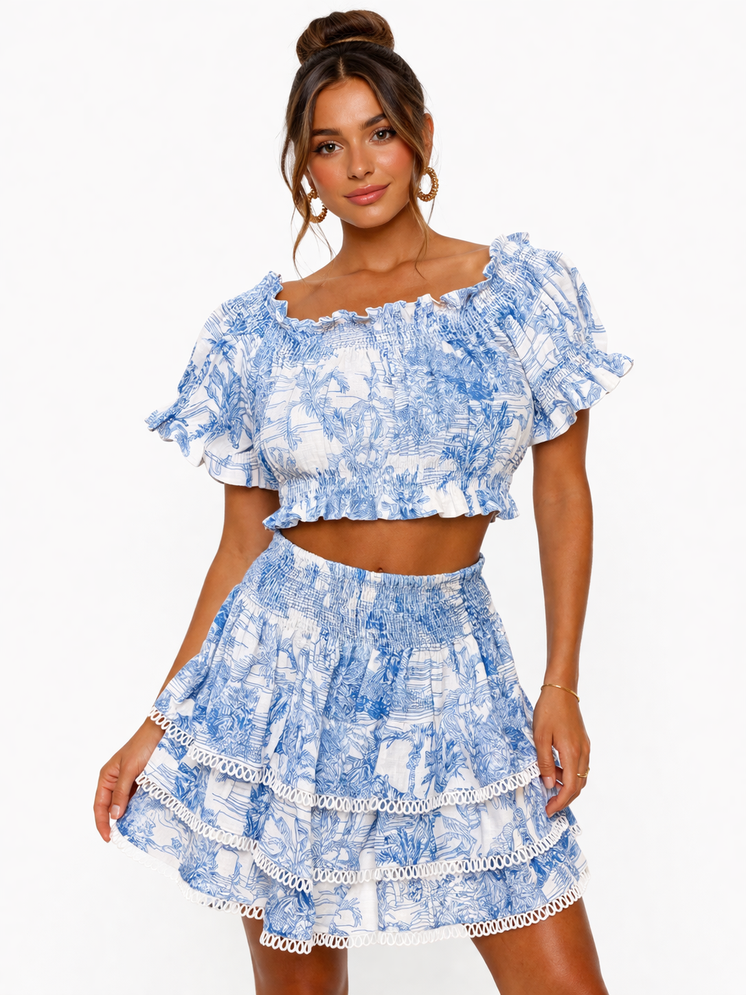 Matching Fiocco top and Love skirt in Adoro Sky print linen