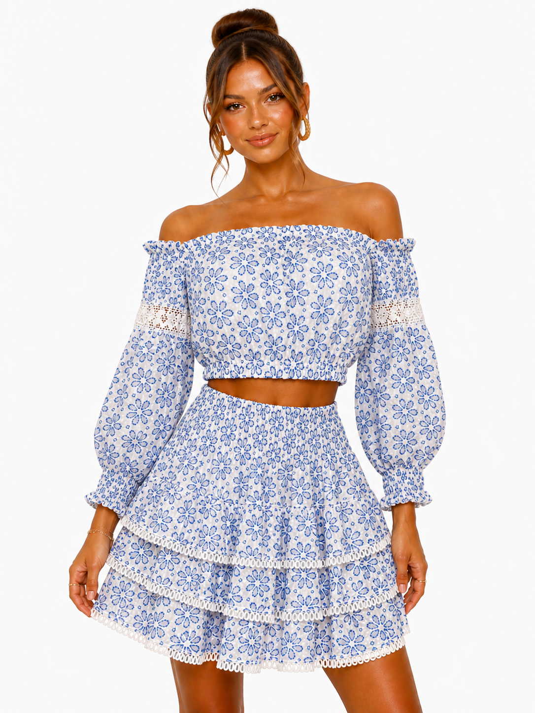 Coordinated topaz top and blue eyelet Love skirt