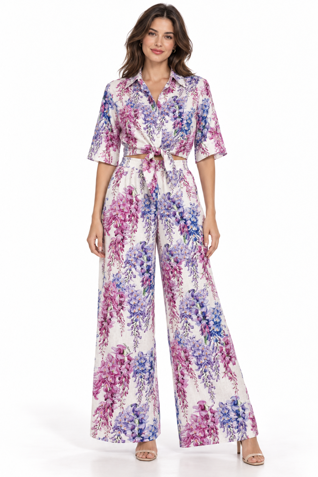 Tania top and Mandala trousers in wisteria print linen