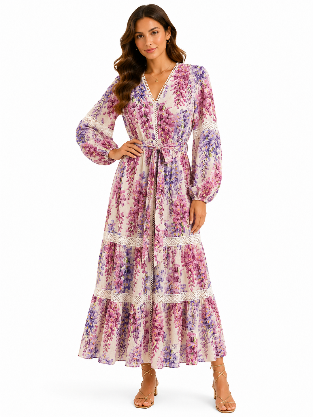 Langes Leinenkleid „Star“ mit Gürtel, tailliert und Spitze mit Glyzinien-Print