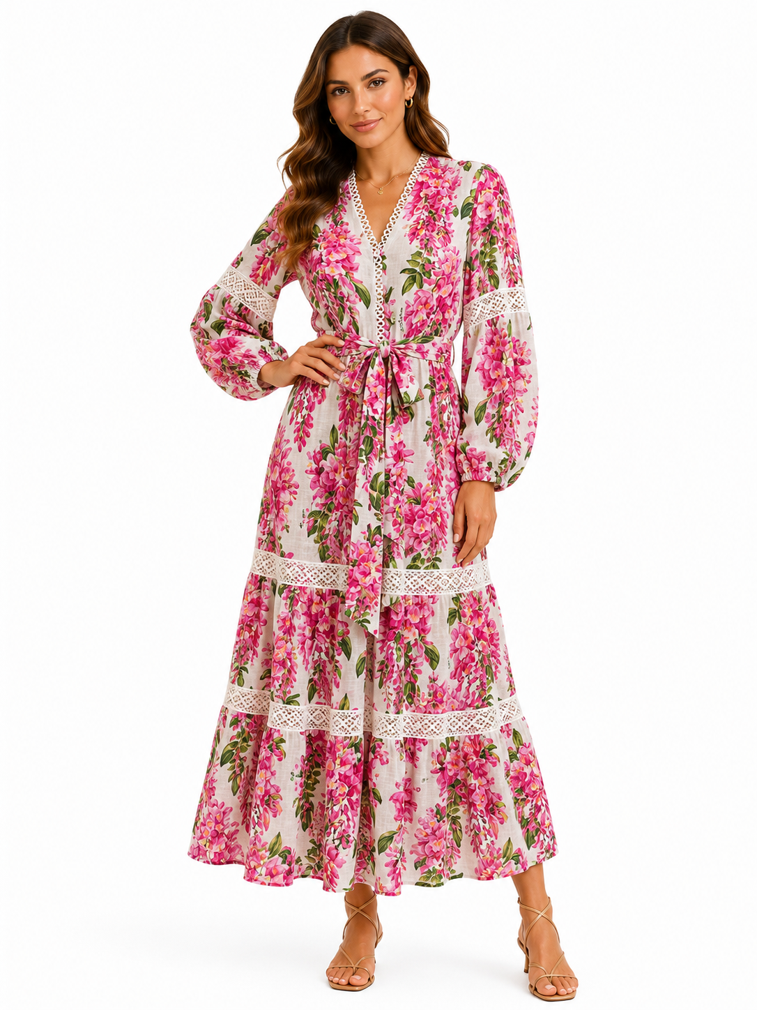 Long Star dress in fuchsia wisteria print linen with belt and lace