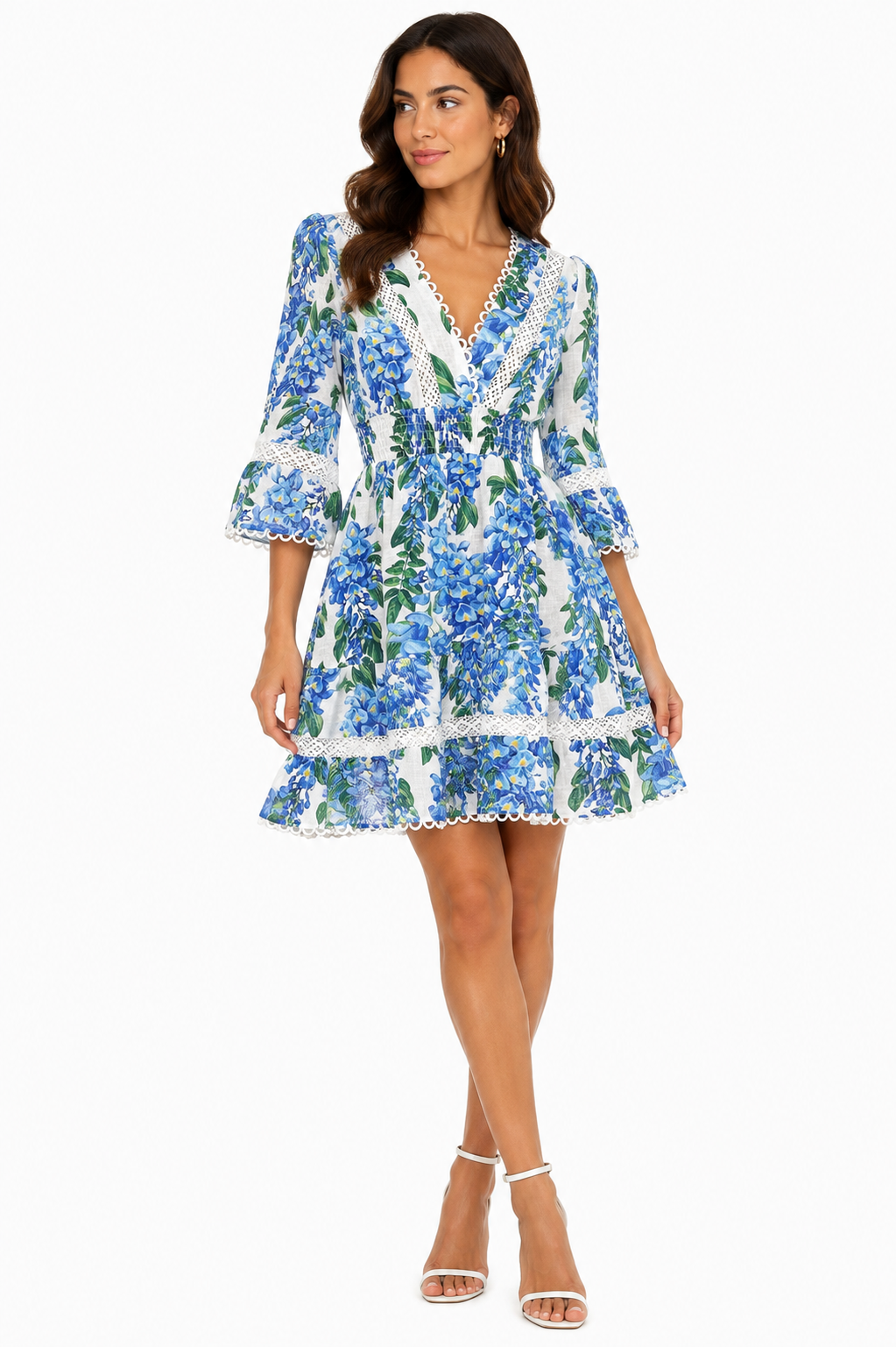 Poison dress in blue wisteria print linen with lace and elasticated waist