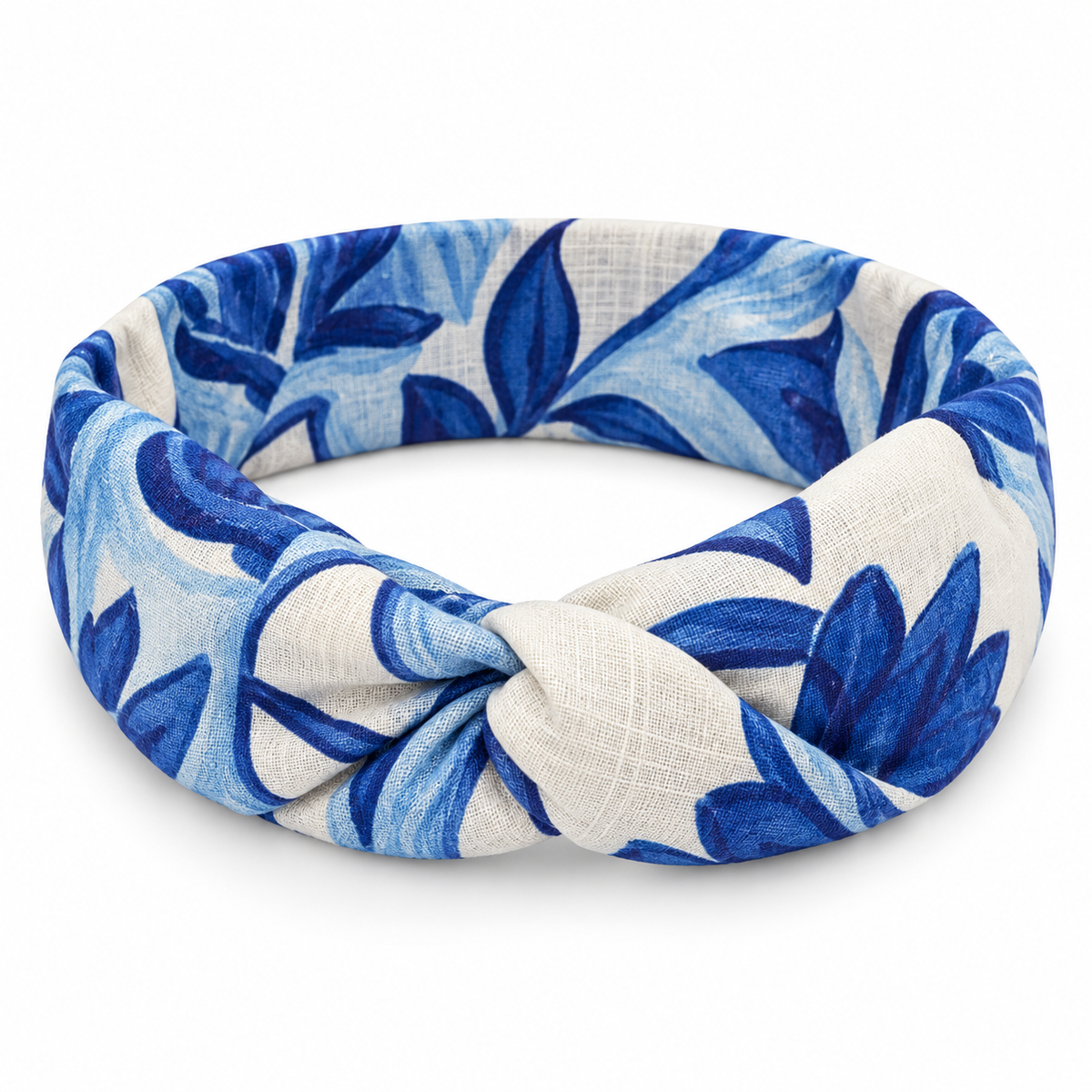 Fascia capelli in lino con elastico stampa pittura blu
